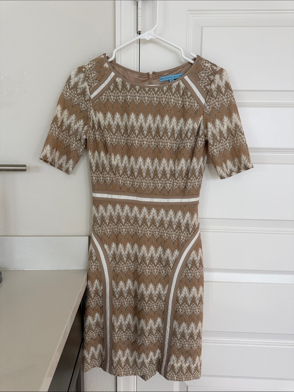 ANTONIO MELANI Tan & Cream Patterned Knit Midi Dress